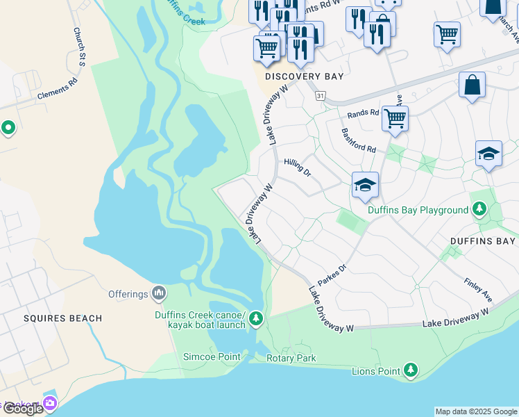map of restaurants, bars, coffee shops, grocery stores, and more near 196 Lake Driveway West in Ajax