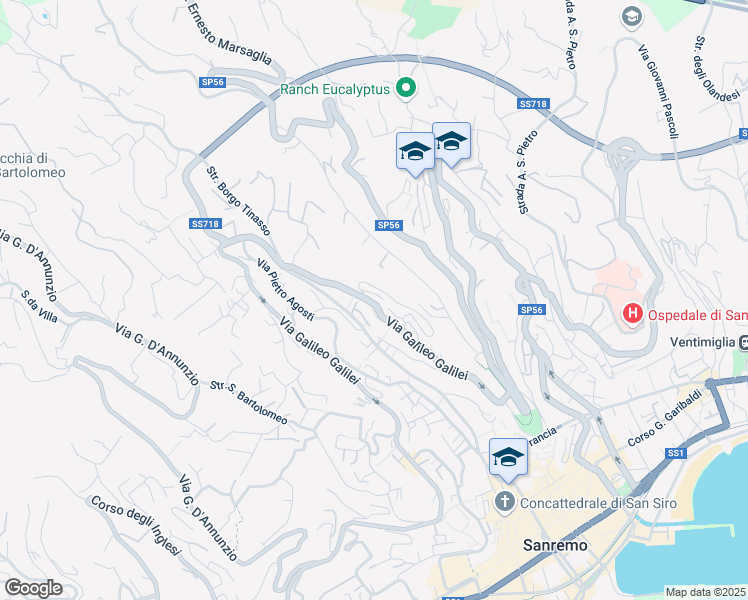 map of restaurants, bars, coffee shops, grocery stores, and more near 567 Via Galileo Galilei in Sanremo