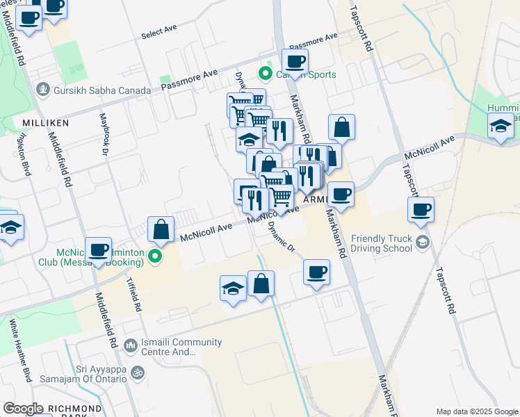 map of restaurants, bars, coffee shops, grocery stores, and more near 3480 McNicoll Avenue in Toronto