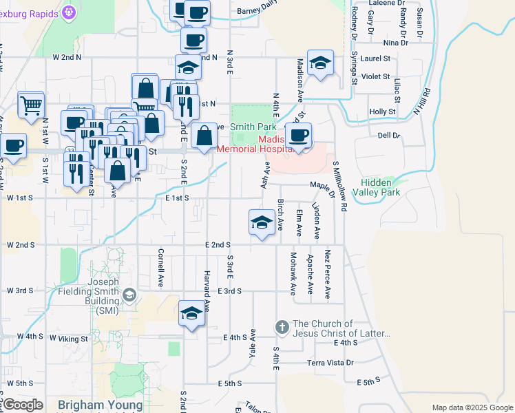 map of restaurants, bars, coffee shops, grocery stores, and more near 10 Madison Prof. Park in Rexburg