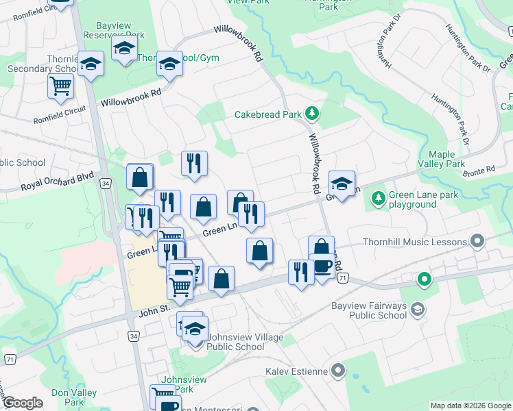 map of restaurants, bars, coffee shops, grocery stores, and more near 112 Holm Crescent in Markham