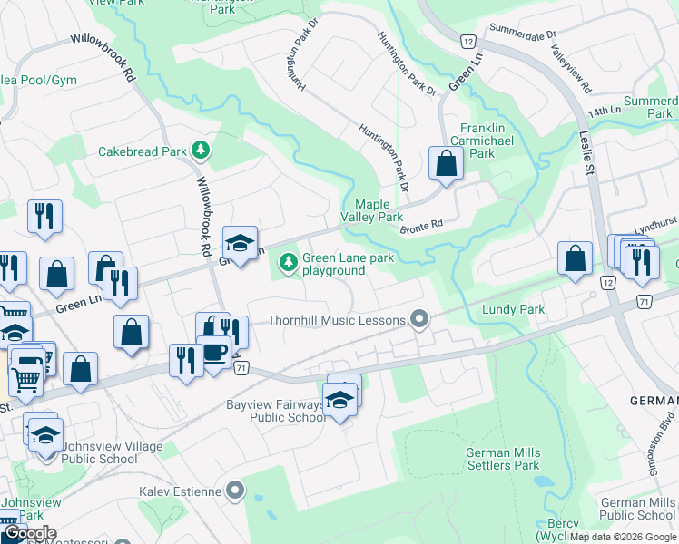 map of restaurants, bars, coffee shops, grocery stores, and more near 21 Kings College Road in Markham
