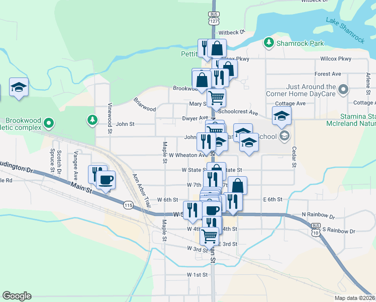 map of restaurants, bars, coffee shops, grocery stores, and more near 116 West Wheaton Avenue in Clare
