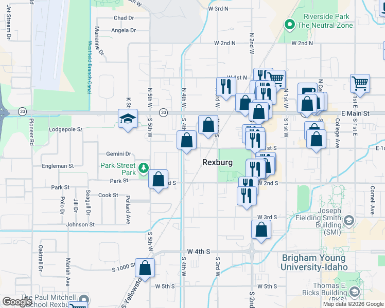 map of restaurants, bars, coffee shops, grocery stores, and more near 370 West 1st South in Rexburg
