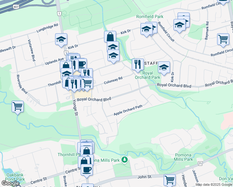 map of restaurants, bars, coffee shops, grocery stores, and more near 58 Royal Orchard Boulevard in Markham
