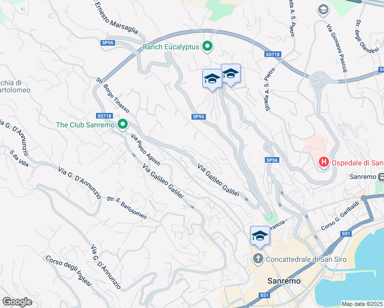 map of restaurants, bars, coffee shops, grocery stores, and more near 567 Via Galileo Galilei in Sanremo