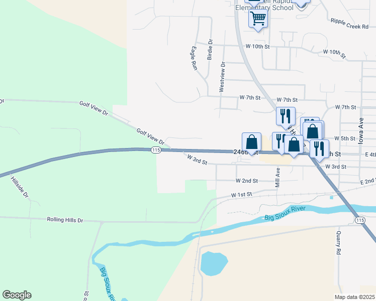 map of restaurants, bars, coffee shops, grocery stores, and more near 698 W 4th St in Dell Rapids
