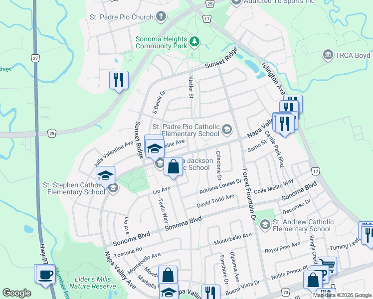 map of restaurants, bars, coffee shops, grocery stores, and more near 672 Napa Valley Avenue in Vaughan