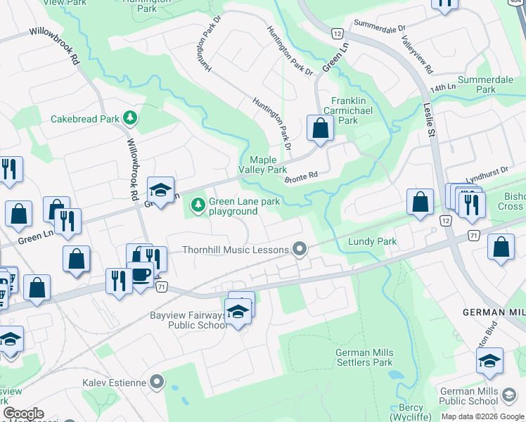 map of restaurants, bars, coffee shops, grocery stores, and more near 32 Macauley Drive in Markham