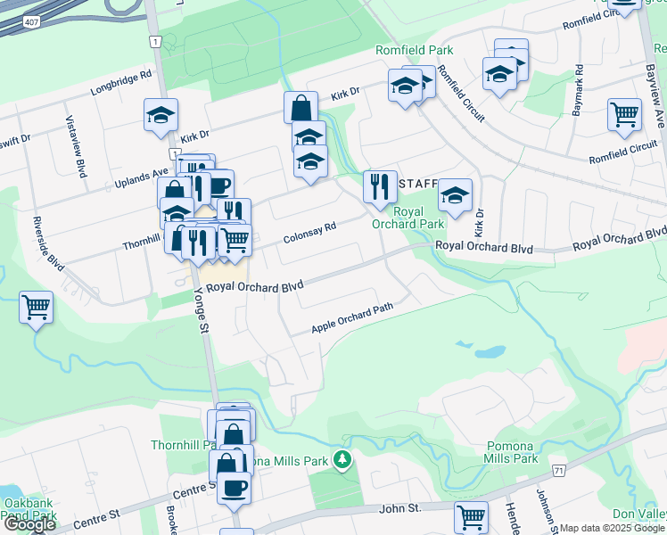 map of restaurants, bars, coffee shops, grocery stores, and more near 70 Royal Orchard Boulevard in Markham