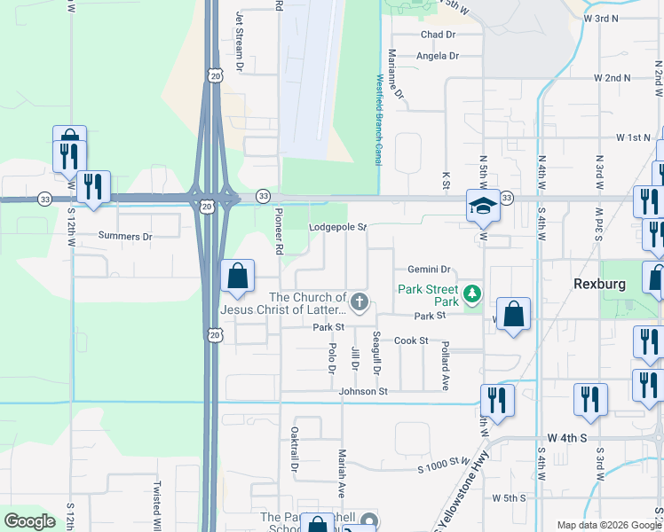 map of restaurants, bars, coffee shops, grocery stores, and more near 87 Douglas Drive in Rexburg