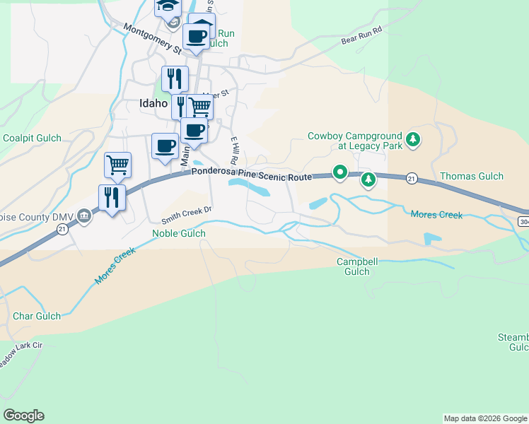 map of restaurants, bars, coffee shops, grocery stores, and more near 103 Mores Creek Drive in Idaho City