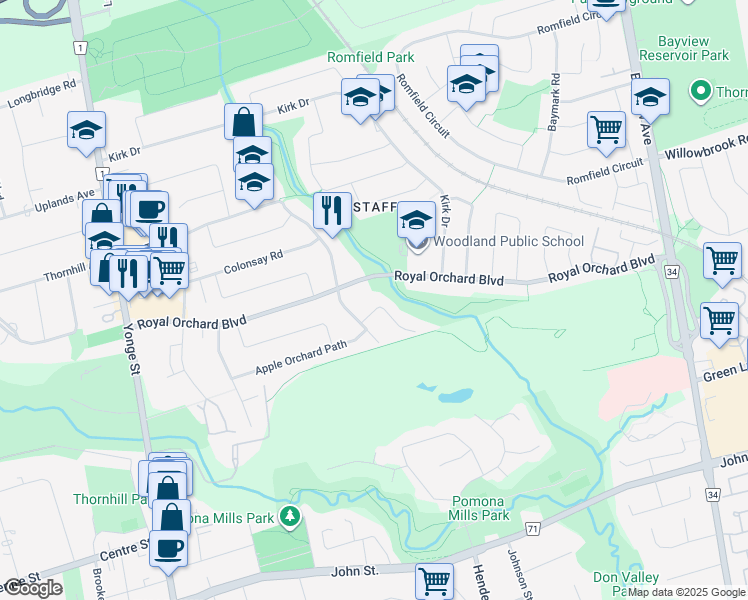 map of restaurants, bars, coffee shops, grocery stores, and more near 10 Cherry Blossom Lane in Markham