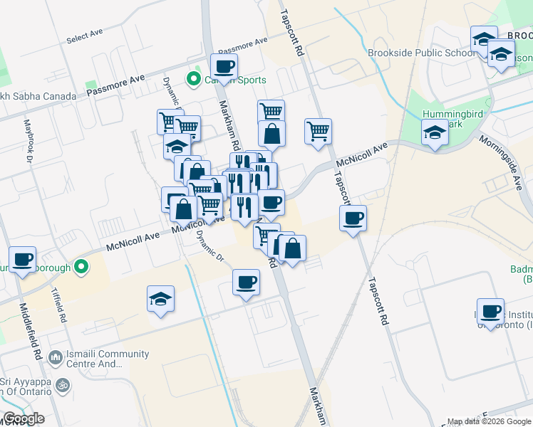 map of restaurants, bars, coffee shops, grocery stores, and more near 2855 Markham Road in Toronto