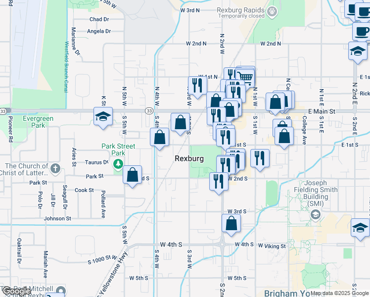 map of restaurants, bars, coffee shops, grocery stores, and more near 106 South 3rd West in Rexburg