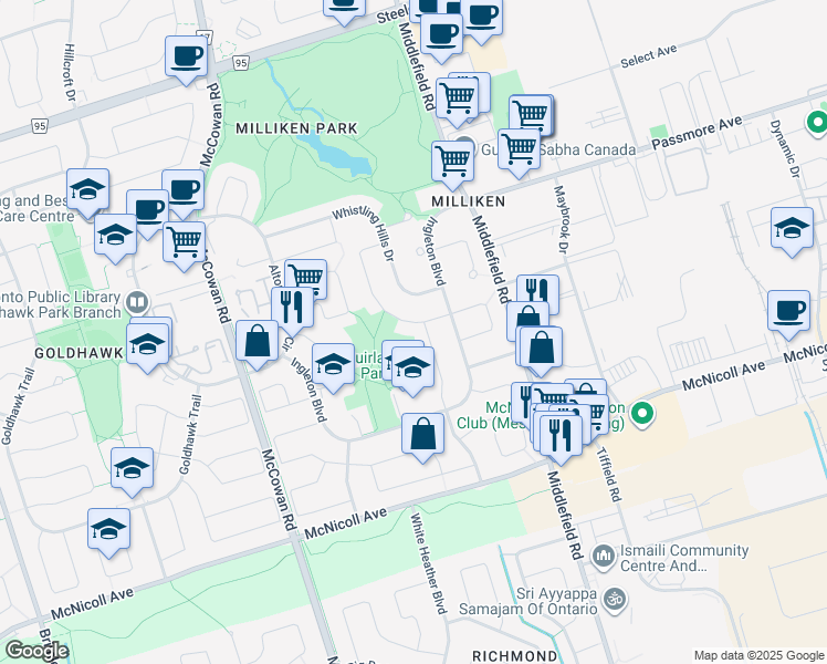 map of restaurants, bars, coffee shops, grocery stores, and more near 24 Muirlands Drive in Toronto