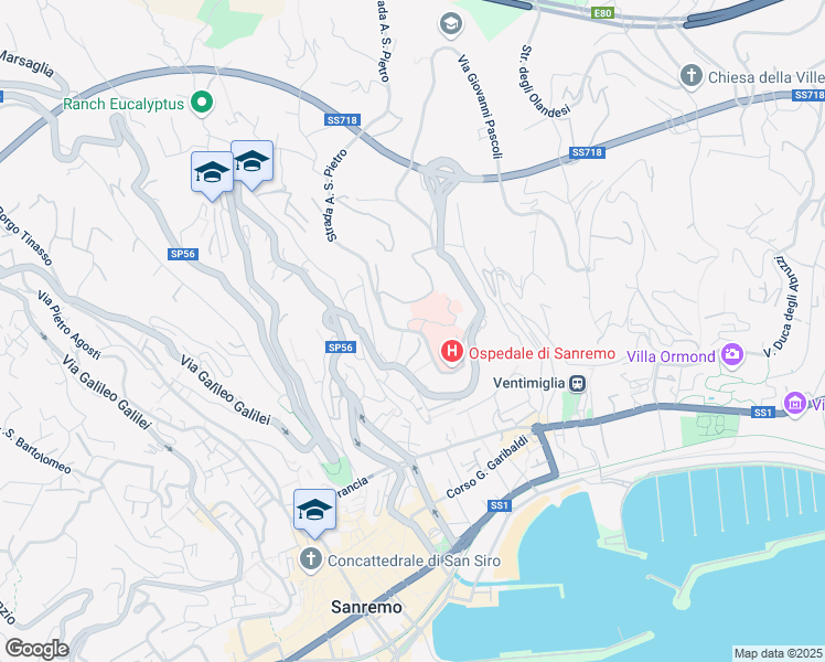 map of restaurants, bars, coffee shops, grocery stores, and more near 18 Salita Monte Saccarello in Sanremo