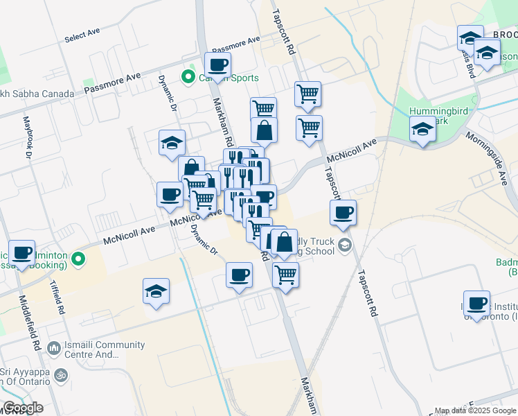map of restaurants, bars, coffee shops, grocery stores, and more near 2855 Markham Road in Toronto