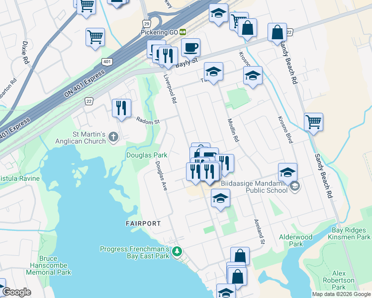map of restaurants, bars, coffee shops, grocery stores, and more near 862 Liverpool Road in Pickering
