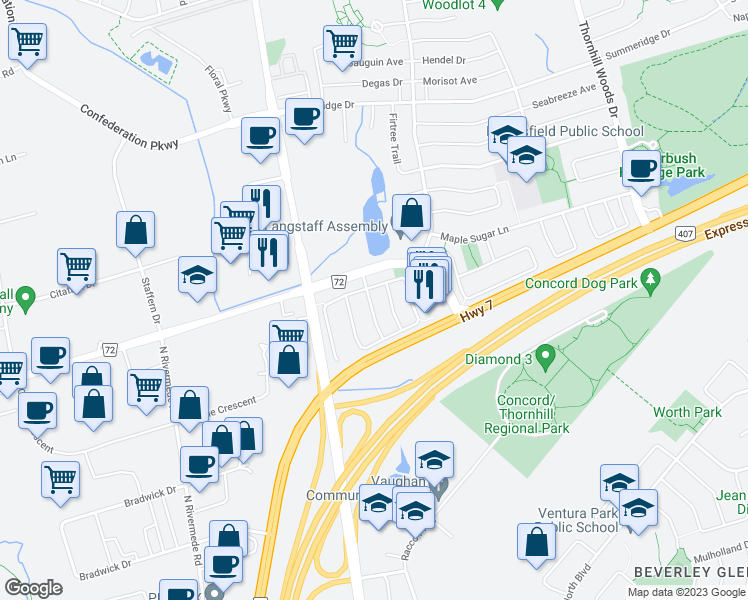 map of restaurants, bars, coffee shops, grocery stores, and more near 27 Timberview Drive in Vaughan