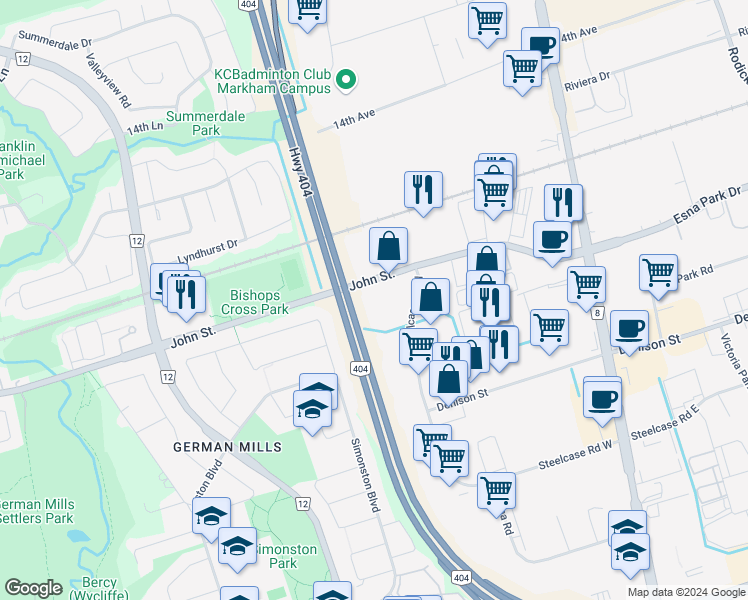 map of restaurants, bars, coffee shops, grocery stores, and more near 351 Steelcase Road West in Markham