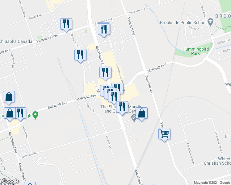 map of restaurants, bars, coffee shops, grocery stores, and more near 2855 Markham Road in Toronto