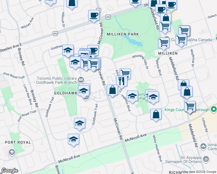 map of restaurants, bars, coffee shops, grocery stores, and more near 80 Alton Towers Circle in Toronto