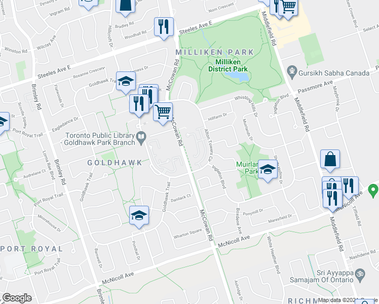 map of restaurants, bars, coffee shops, grocery stores, and more near 80 Alton Towers Circle in Toronto
