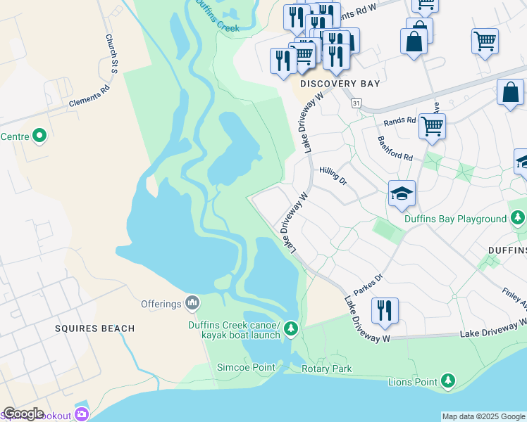 map of restaurants, bars, coffee shops, grocery stores, and more near 191 Lake Driveway West in Ajax