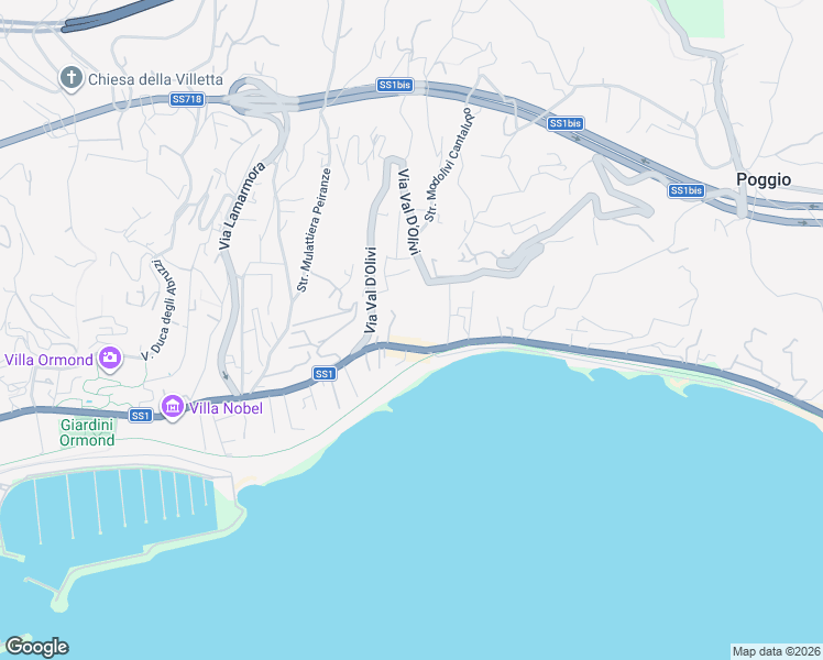 map of restaurants, bars, coffee shops, grocery stores, and more near 13 Corso Giuseppe Mazzini in Sanremo