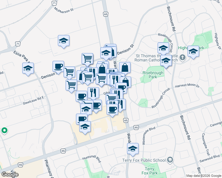 map of restaurants, bars, coffee shops, grocery stores, and more near 30 Gibson Drive in Markham