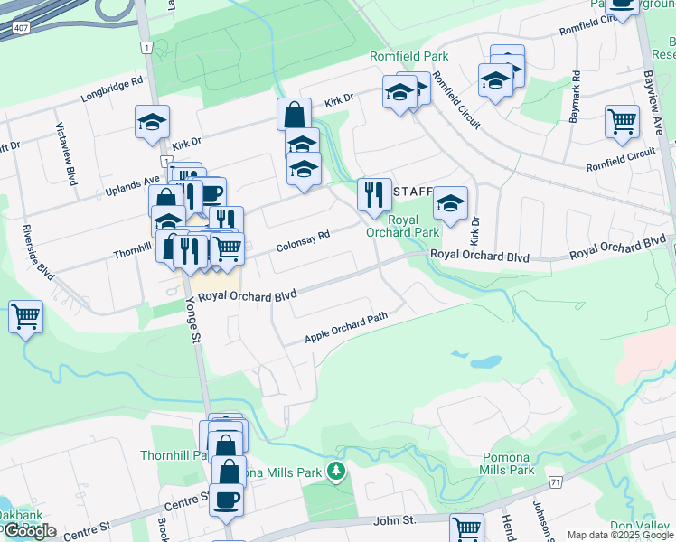 map of restaurants, bars, coffee shops, grocery stores, and more near 70 Royal Orchard Boulevard in Markham