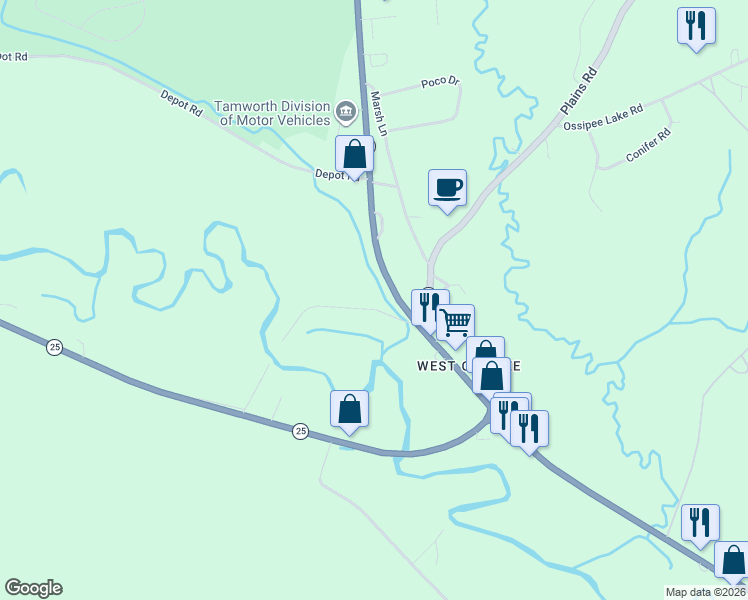 map of restaurants, bars, coffee shops, grocery stores, and more near 4 Covered Bridge Road in Ossipee