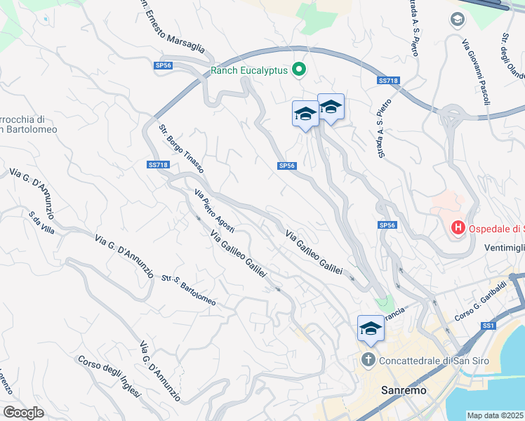 map of restaurants, bars, coffee shops, grocery stores, and more near 398 Via Galileo Galilei in Sanremo