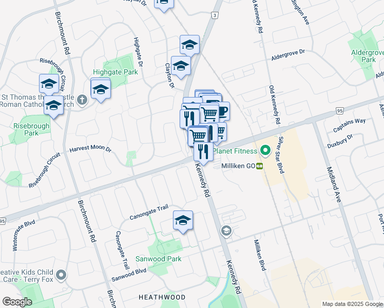 map of restaurants, bars, coffee shops, grocery stores, and more near in Markham