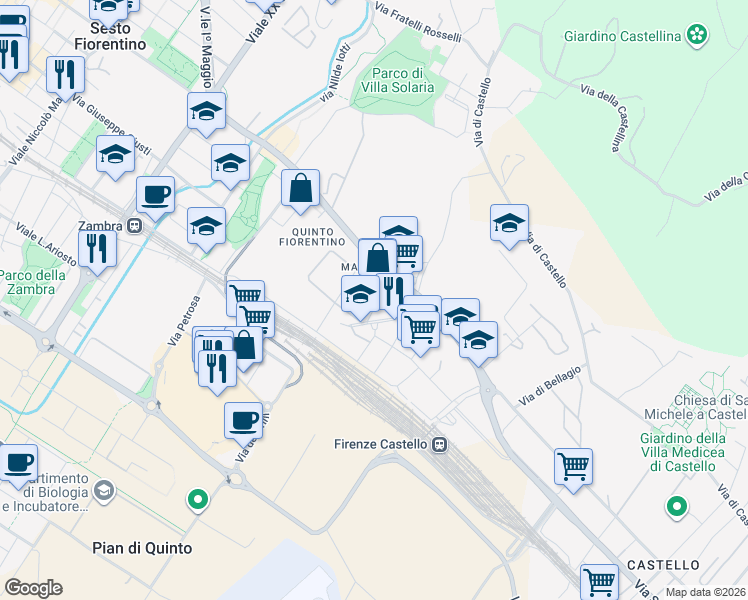 map of restaurants, bars, coffee shops, grocery stores, and more near 18 Via Ruggero Leoncavallo in Sesto Fiorentino