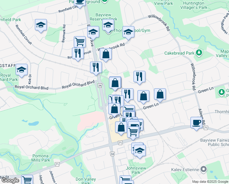 map of restaurants, bars, coffee shops, grocery stores, and more near 7905 Bayview Avenue in Markham