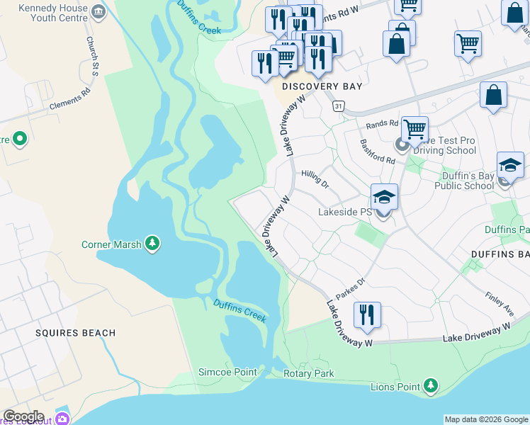 map of restaurants, bars, coffee shops, grocery stores, and more near 189 Lake Driveway West in Ajax