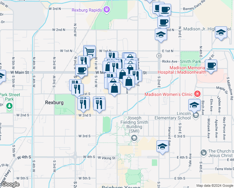 map of restaurants, bars, coffee shops, grocery stores, and more near 1 East 1st South in Rexburg