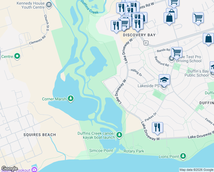 map of restaurants, bars, coffee shops, grocery stores, and more near 191 Lake Driveway West in Ajax