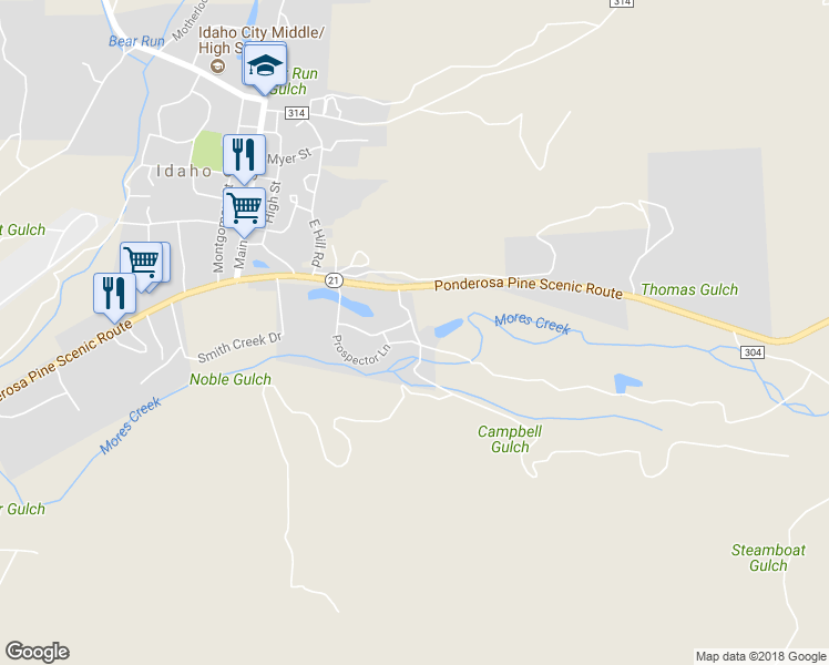map of restaurants, bars, coffee shops, grocery stores, and more near Nugget Court in Idaho City