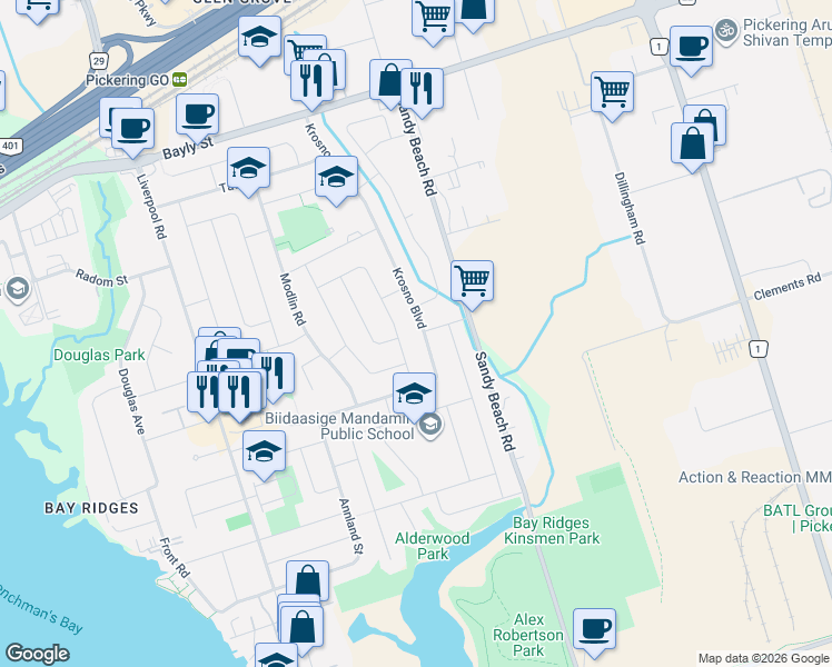 map of restaurants, bars, coffee shops, grocery stores, and more near 826 Krosno Boulevard in Pickering