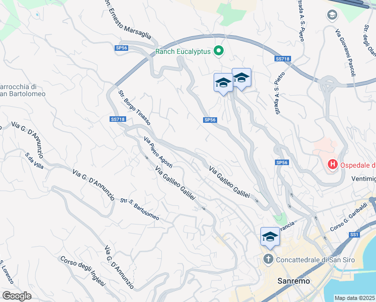 map of restaurants, bars, coffee shops, grocery stores, and more near 398 Via Galileo Galilei in Sanremo