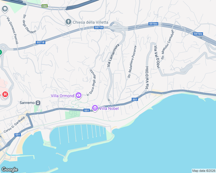 map of restaurants, bars, coffee shops, grocery stores, and more near 4 Salita Mimosa in Sanremo
