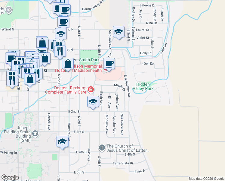 map of restaurants, bars, coffee shops, grocery stores, and more near 453 Linden Avenue in Rexburg