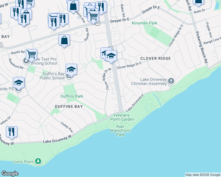 map of restaurants, bars, coffee shops, grocery stores, and more near 52 Robbie Crescent in Ajax