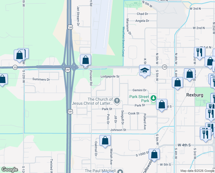 map of restaurants, bars, coffee shops, grocery stores, and more near 87 Douglas Drive in Rexburg