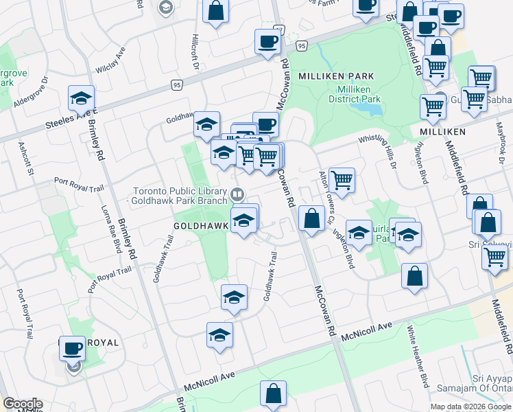 map of restaurants, bars, coffee shops, grocery stores, and more near 300 Alton Towers Circle in Toronto
