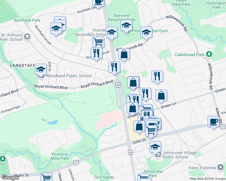 map of restaurants, bars, coffee shops, grocery stores, and more near 399 Royal Orchard Boulevard in Markham