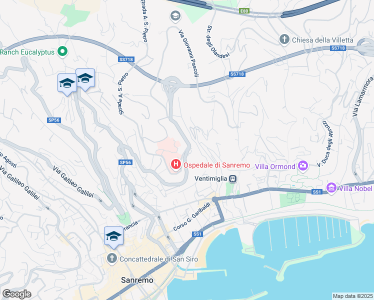 map of restaurants, bars, coffee shops, grocery stores, and more near 111 Via Giovanni Borea in Sanremo